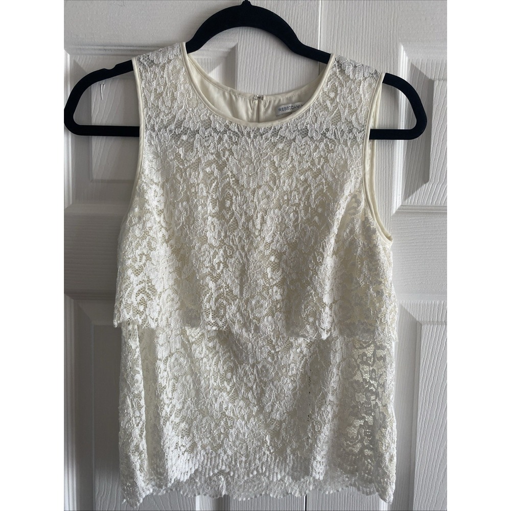 Rebecca Minkoff Tiered Lace Top Womens Size XS Ivory Floral Sleeveless Boho Chic